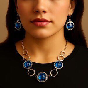 Modern Silver-Tone Hammered Link Necklace Set with Blue Bead & Matching Earrings